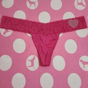 VTG VS PINK Silky Satin Lace Bling Rhinestone Extra Low Rise Thong Panty Size Lg
